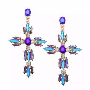Art Deco cross earrings multicolored blue green purple gold dangle drop